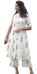 24 Carat Suit Women's Rayon Kurta and Pant Coord Set With Floral Printed Mandarin Collared Neck Down Button Half Sleeve A Line Calf Length Side Pocket