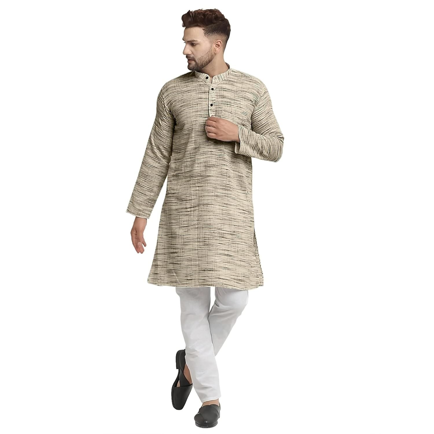 Aaryavar Men’s Khadie Cotton – Kurta Pyjama Set – Beige Color