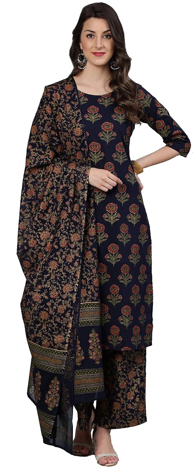 Arayna Women’s Floral Printed Pure Cotton Kurti Palazzo Pants Set with Dupatta