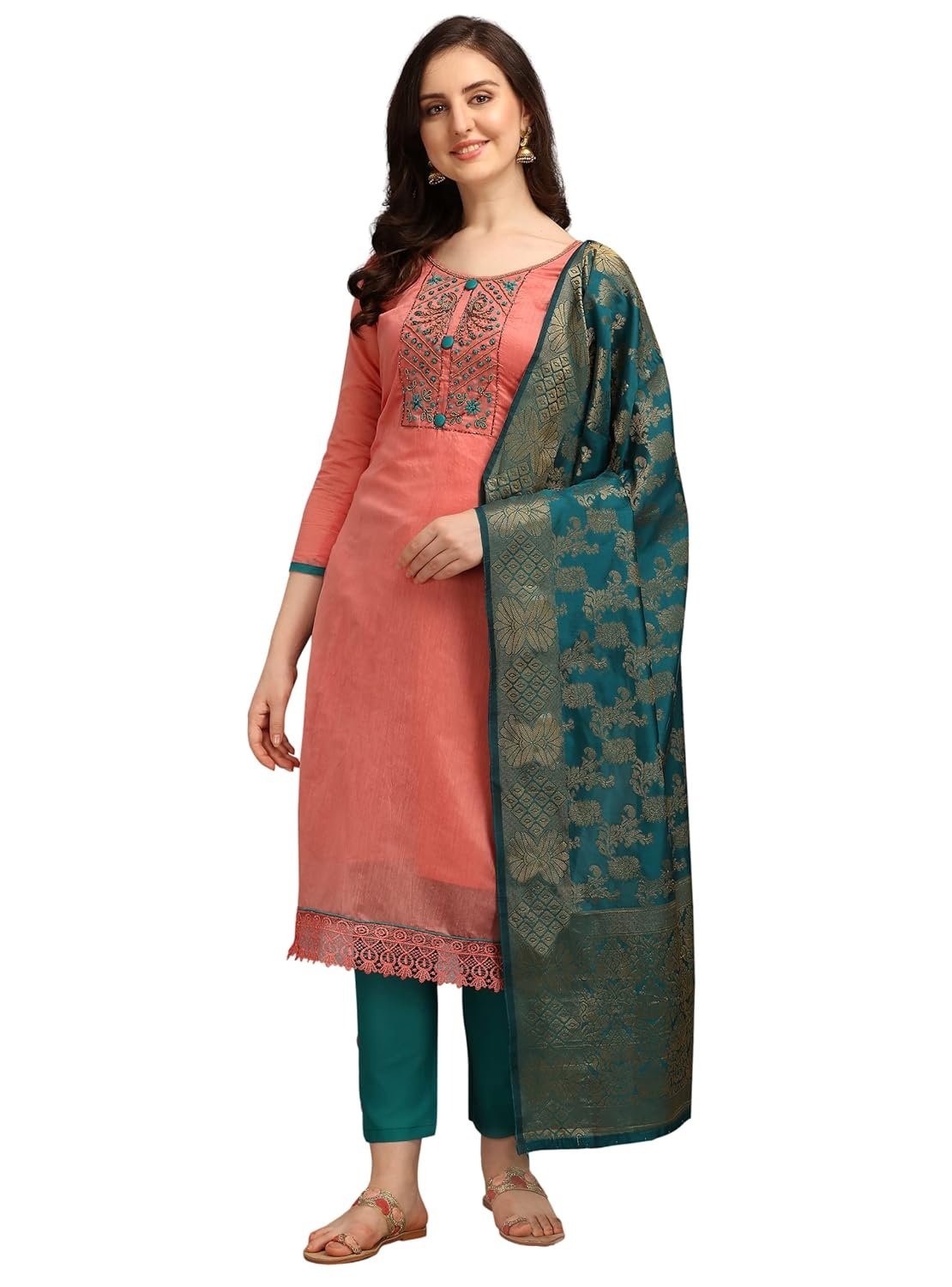 EthnicJunction Women’s Chanderi Cotton Hand Embroidered Work Unstitched Salwar Suit Material With Banarasi Dupatta