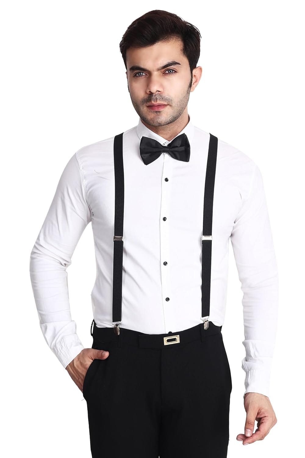 FEXMY Solid Color Mens Suspender Bow Tie Set Clip On Y Shape Adjustable Braces