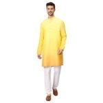 GLOBALRANG Men's Cotton Blend Yellow Solid Regular Fit Long Kurta Pyjama Set