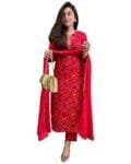 GoSriKi Women's Rayon Viscose Straight Bandhej Printed Kurta with Pant & Dupatta