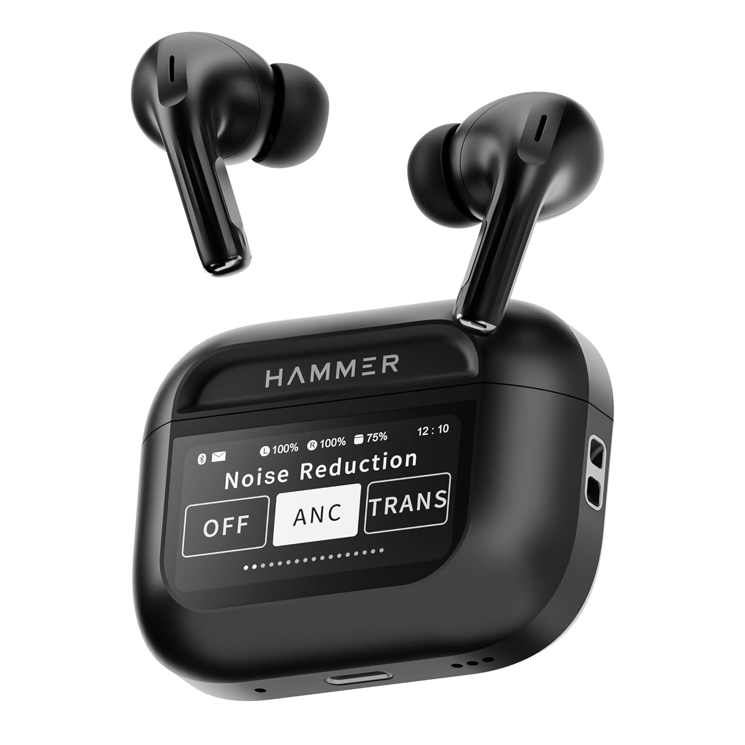 HAMMER Screen TWS, ANC (32dB), Smart Touch Display True Wireless Buds, Type-C Fast Charging, Bv5.4, Find My Earbuds, 4 Mics ENC for Clear Calling, Transparency Mode, EQ Mode (Black)