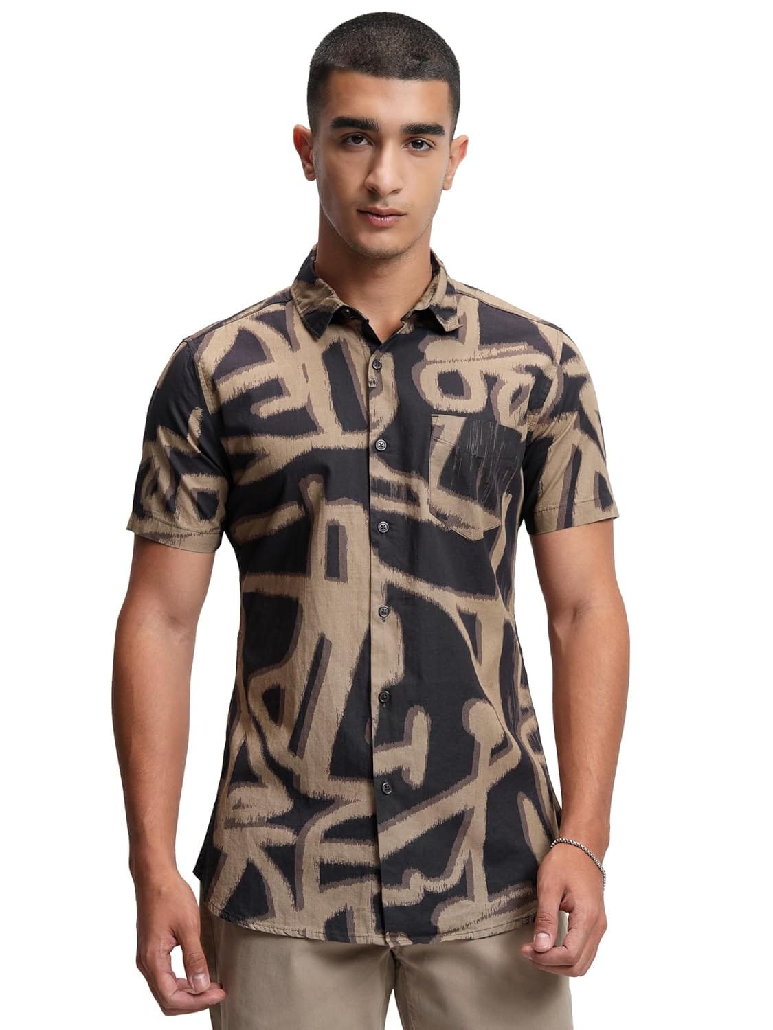 Highlander Men's’s Abstract Printed Slim Fit Cotton Casual Shirt | Artistic & Bold Design with Breathable Fabric All-Day Comt