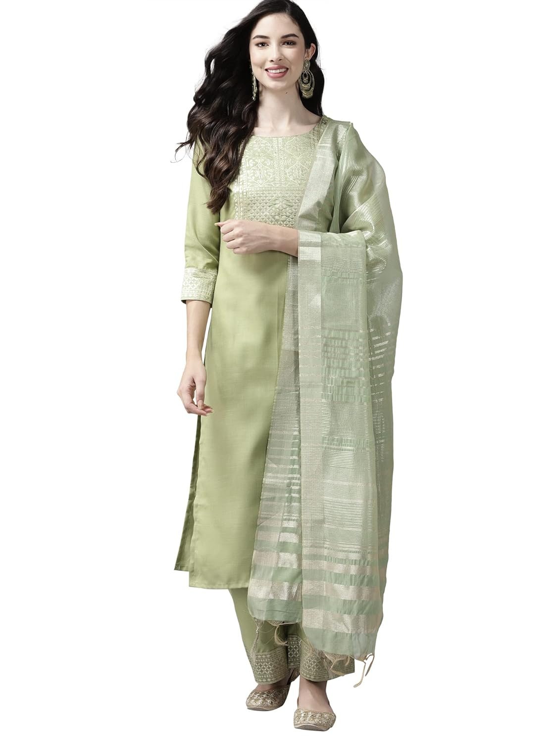 INDO ERA Women’s Cotton Yoke Design Straight Kurta Pant with Dupatta Set