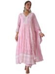 INDO ERA Women's Pure Cotton Embroidered Anarkali Kurta & Pant with Dupatta Set