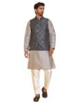 Jompers Woven Design Nehru Jacket With Solid Kurta Pyjama for Men