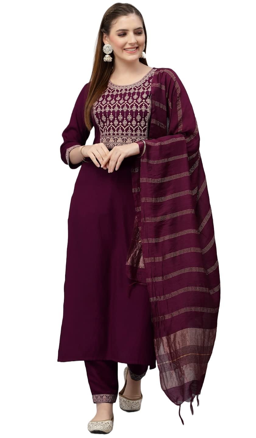 KLOSIA Women Embroidered Kurta and Pant with Dupatta Suit Set |Material: Cotton Blend