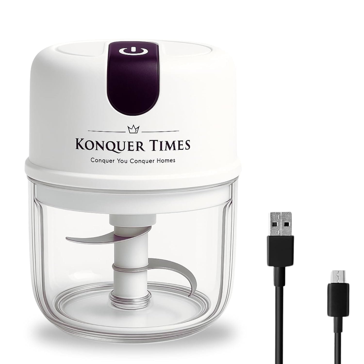 Konquer TimeS Mini Electric Garlic Chopper – Portable Wireless Food Processor with Stainless Steel Blades, Rechargeable Grinder for Onion, Ginger, Chili, Meat, Fruit, Vegetables, etc - 250ml (White)