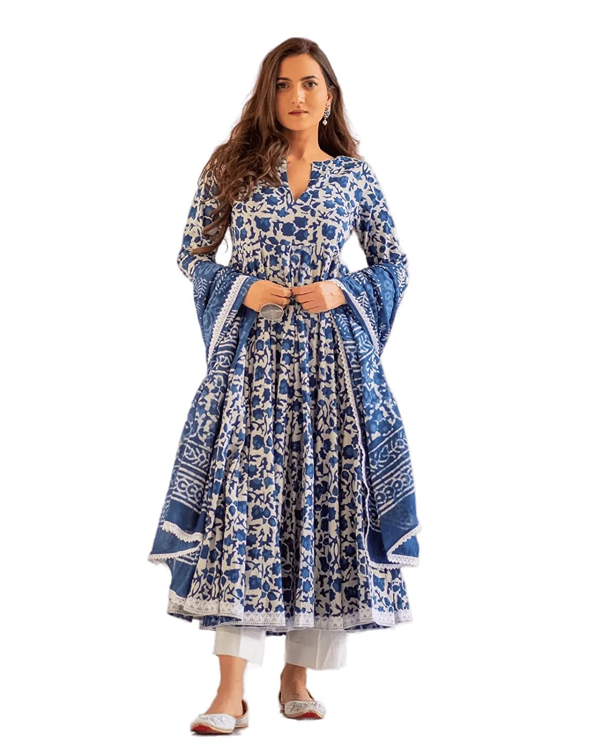 MEERA FAB Women’s Cotton Printed Anarkali Kurta with Palazzo & Dupatta Set