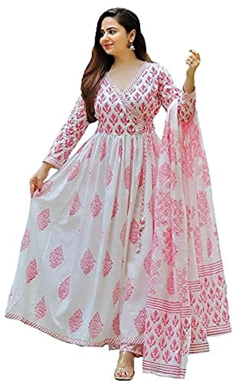 MEERA FAB Women’s Cotton Printed White Anarkali Kurta with Palazzo & Dupatta Set