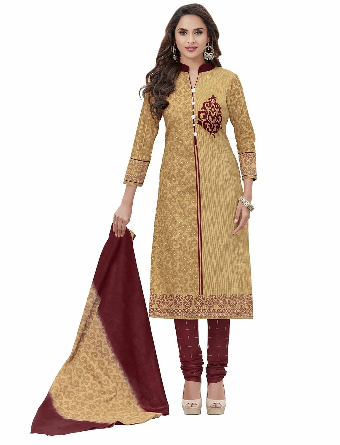 Miraan Cotton Printed Readymade Salwar Suit For Women(MIRAANSAN8004, Beige)