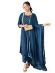 Naixa Women's Rayon Slub Embroidered Straight Kurta with Rayon Slub Pant and Chinon Laced Dupatta Sets (M-Pragati-Petrol)