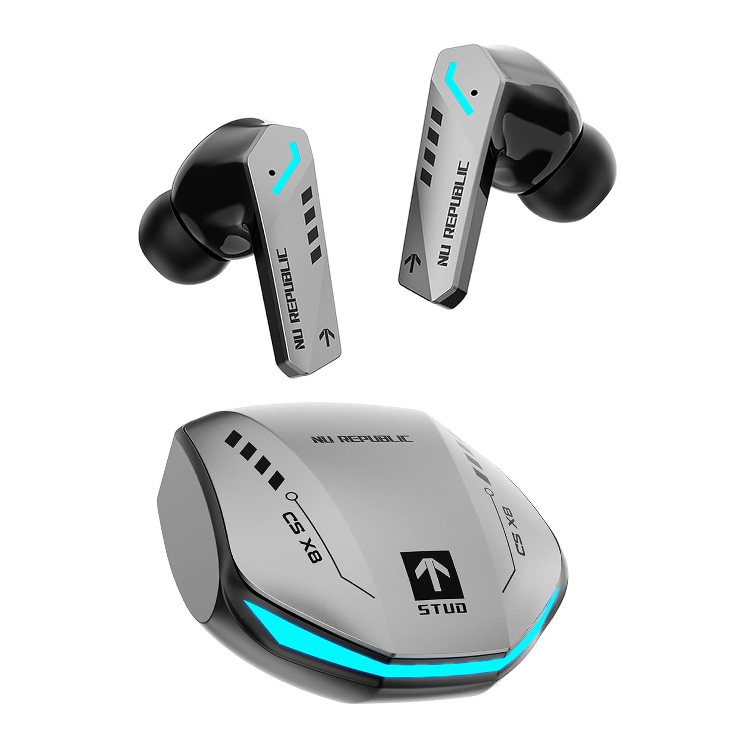 Nu Republic Cyberstud X8 TWS Wireless Earbuds – Up to 56Hrs Playtime, 40ms Ultra Low Latency, ENC Mics, 13mm Neodymium Drivers, XBass Technology, Dual Mode for Gaming & Music, Bluetooth 5.3 (Silver)