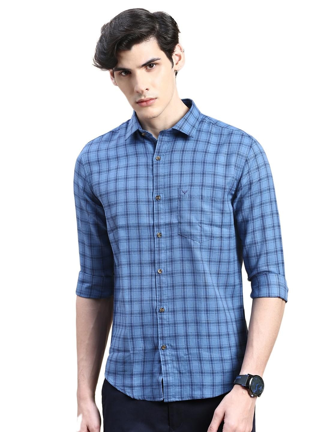 SHOWOFF Men’s Long Sleeves Tartan Checks Spread Collar Blue Slim Fit Shirts-AlbaChecks-70_Blue
