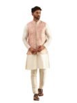 SOJANYA Men's Silk Blend Cream Kurta and Pyjama With Jacquard Silk Pink Nehru Jacket
