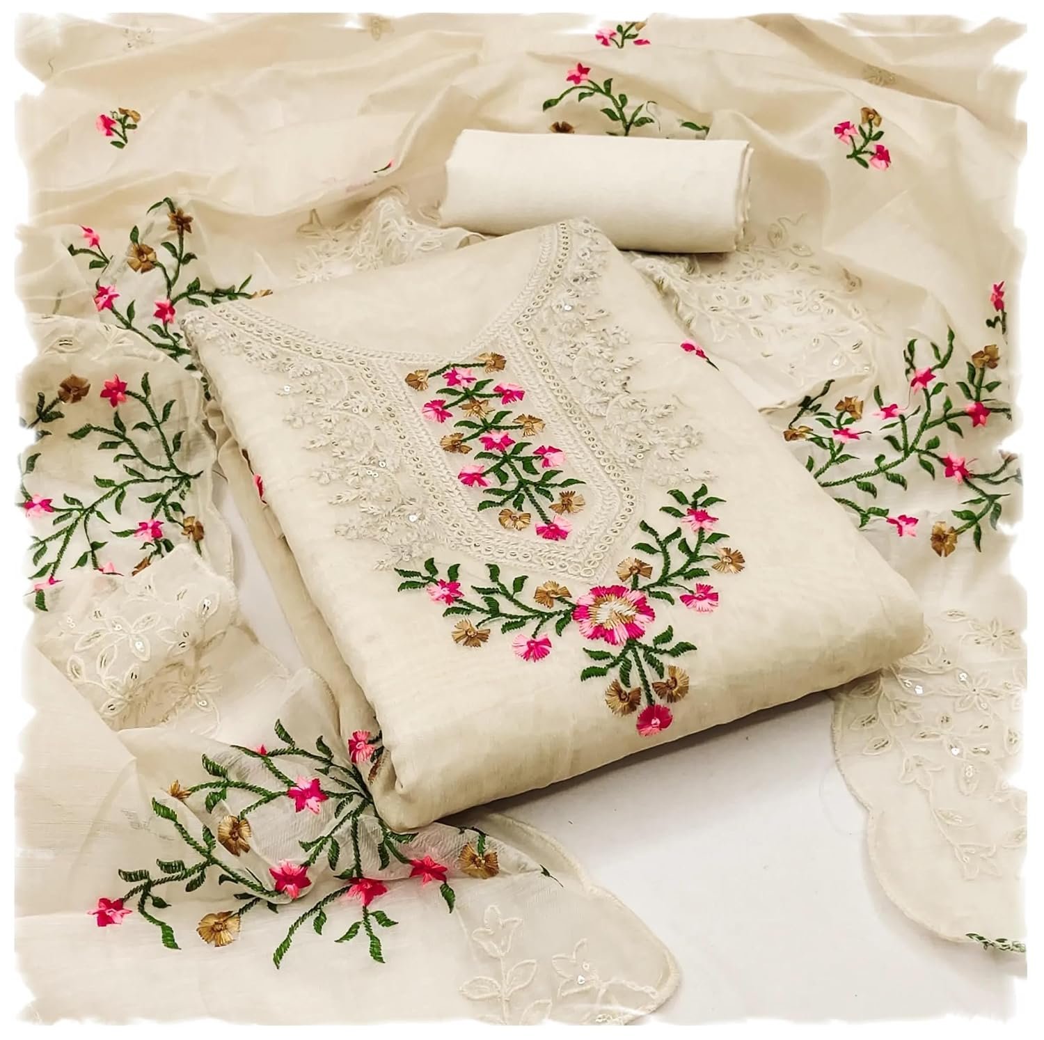 Sidhidata Women’s Heavy Cotton Thread & Sequence Embroidery Work Unstitched Salwar Suit Dress Material With Chanderi Sequence Work Dupatta (Free Size)