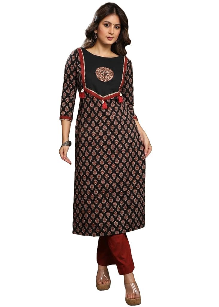 Siya Silk Straight Pure Cotton Ajrakh Print Black Kurti for Women