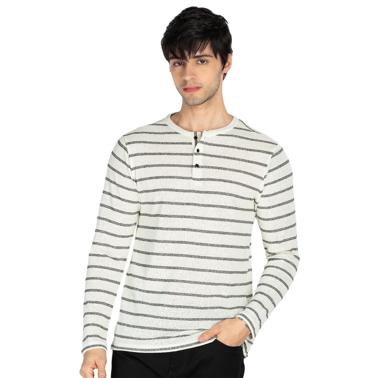 Status Quo Men’s Striped Henley Neck Full Sleeves T-Shirt | 70% Polyester 30% Cotton | Regular Fit Casual Tee | Stylish Comfortable Everyday Wear
