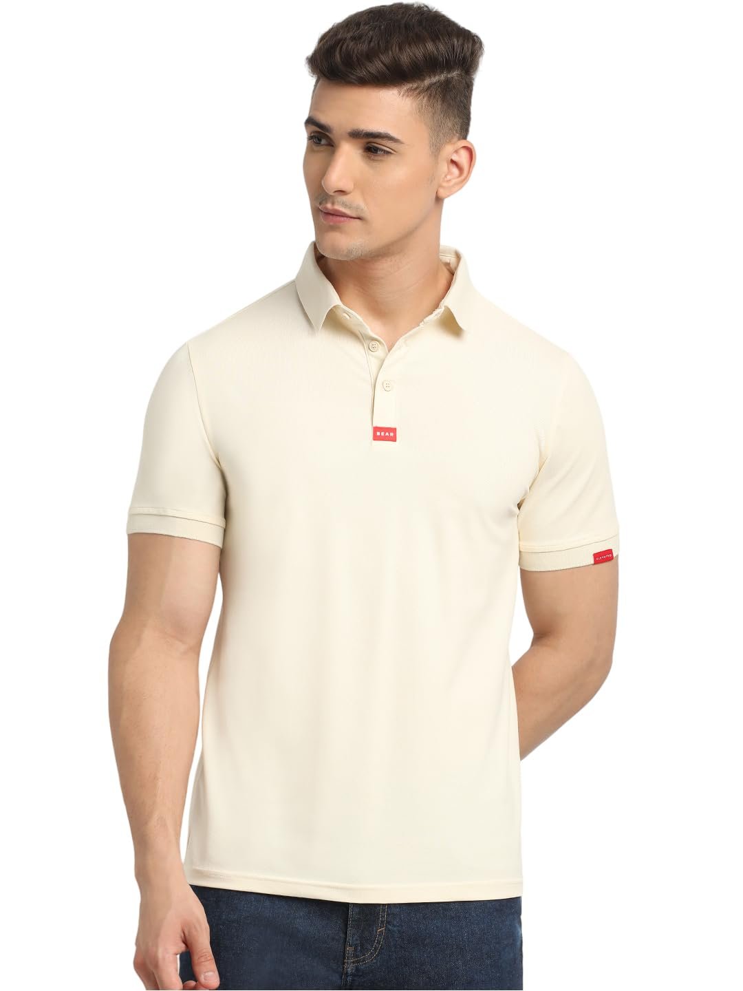 The Bear House Men Cream Solid Slim Fit Polo Collar Tshirt