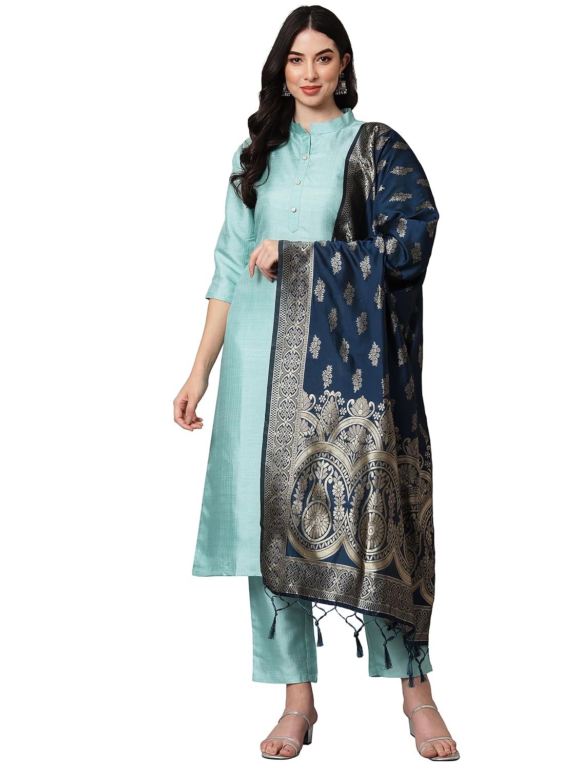 VredeVogel Women’s Cotton Silk Blend Straight Kurta Set with Trouser Pant & Banarasi Silk Dupatta