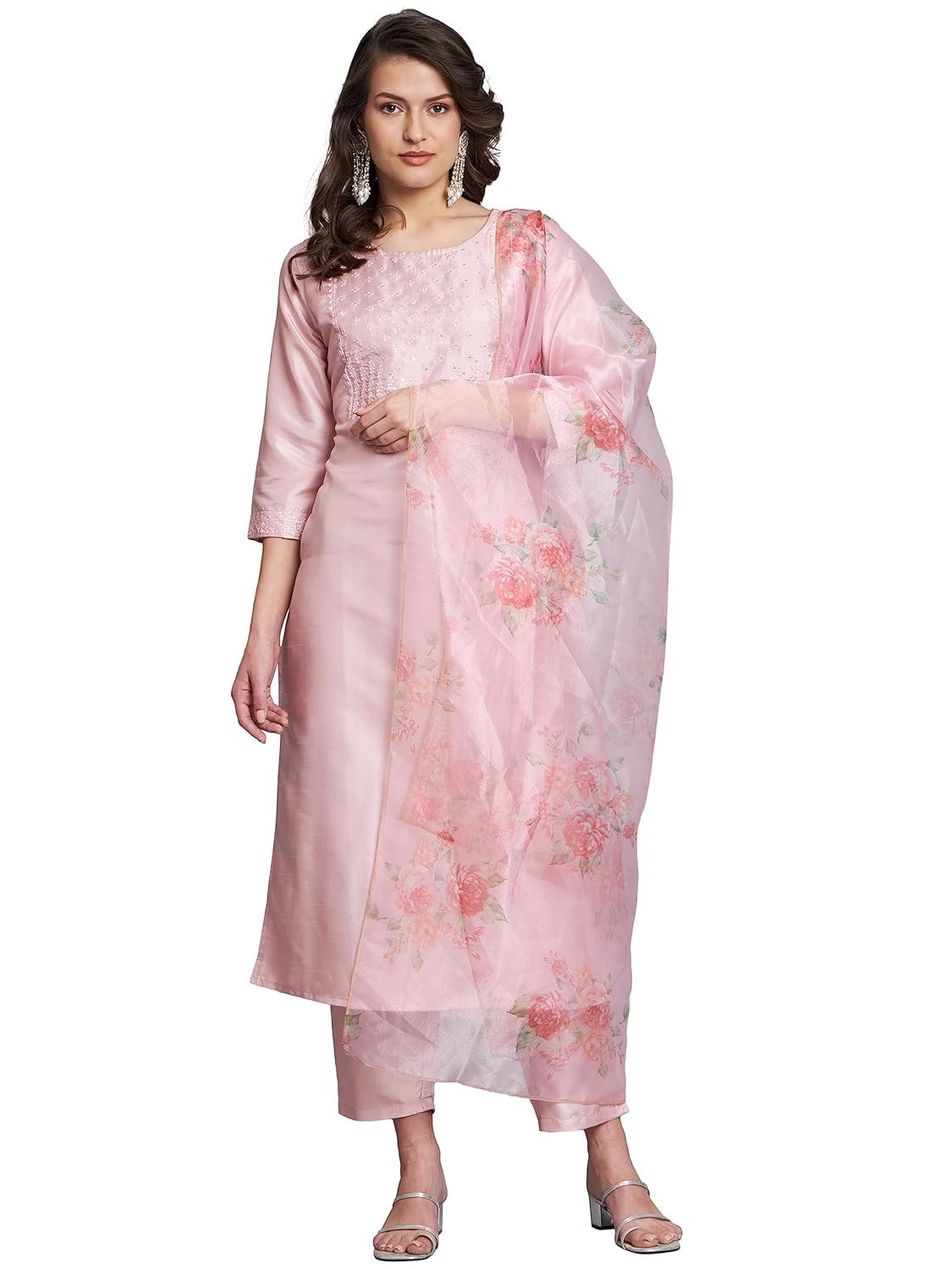 VredeVogel Women’s Silk Blend Embroidered Straight Kurta Pant Set with Organza Dupatta
