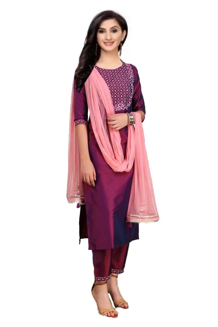 Yashika Women’s Art Silk Dark Blue Kurta and Pant Set with Dupatta