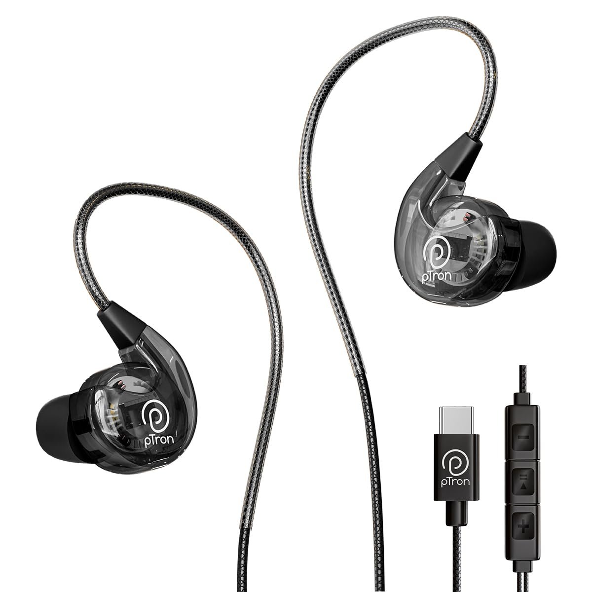 pTron Boom Play X2 In Ear Type C Wired Headphones With Mic, IEM Ear-Hook Design, 13Mm Drivers For Immersive Audio, 1.2M Fish Scale Style Tangle-Free Cable, In-Line Controls & Wide Compatibility(Black)