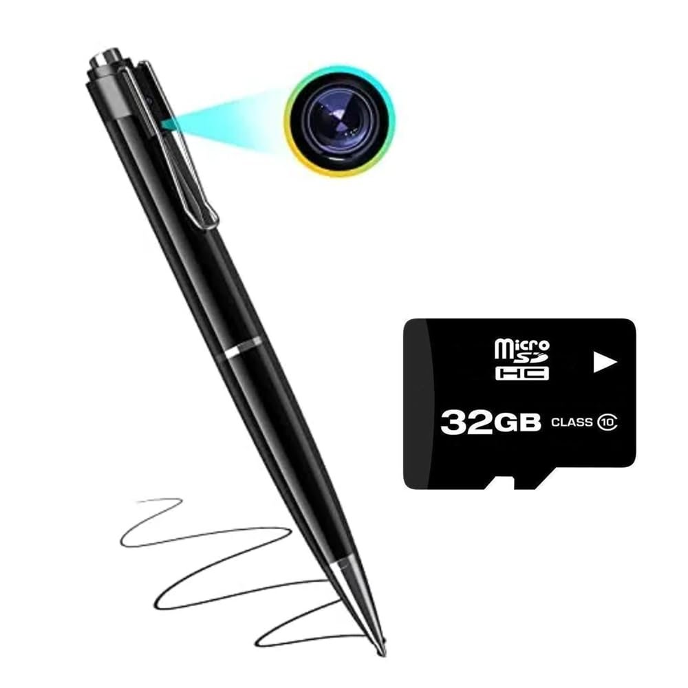 TECHNOVIEW Wired 1080p Pen Hd Camera with Free 32GB SD Card Included Indoor Outdoor Security Camera Full HD Audio Video Recording Wide Angle Lens,Rechargeable Pen (Black)