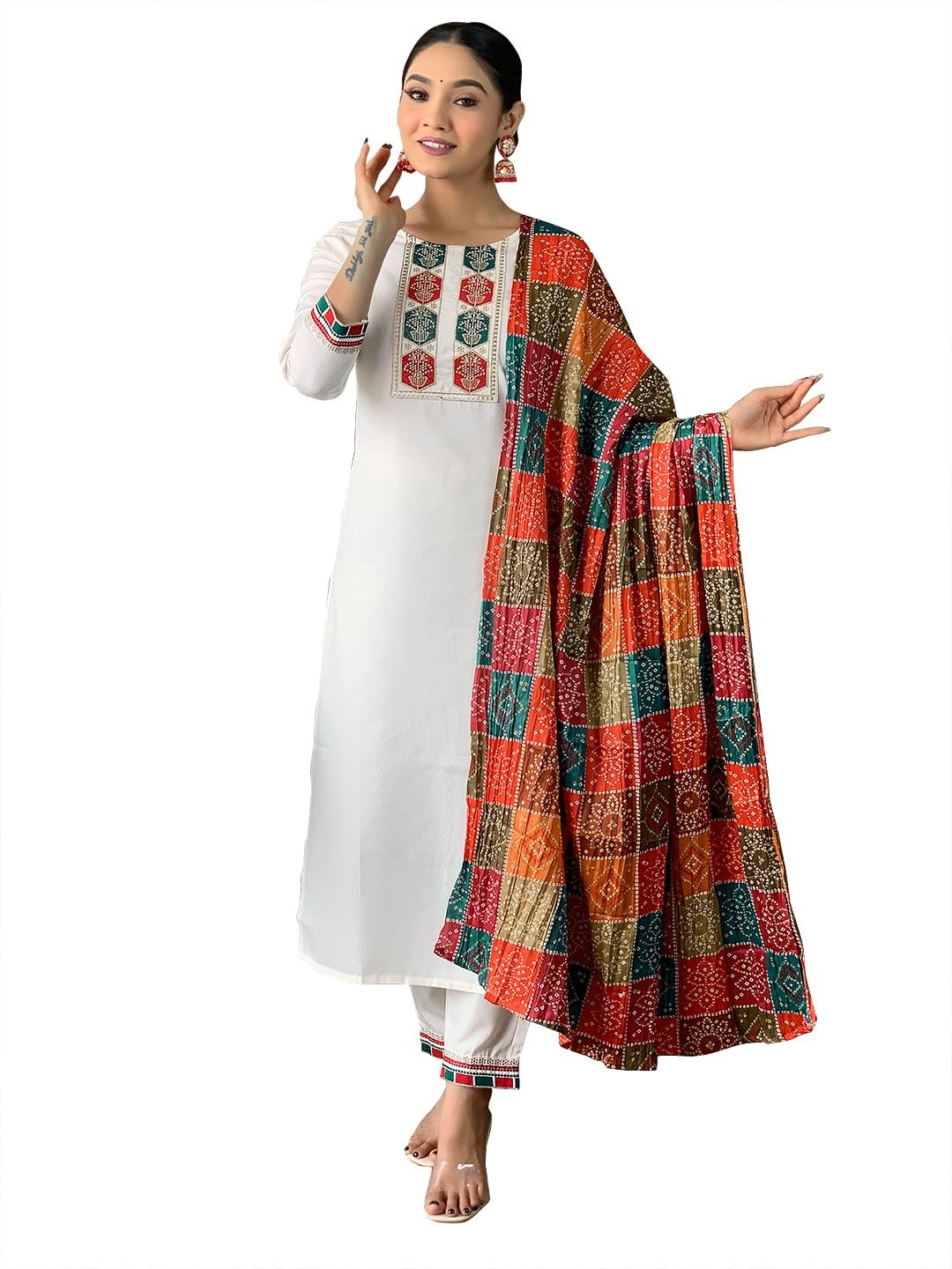 Naixa Women’s Off White Viscose Embroidered Straight Kurta with Viscose Pant and Silk Blend Printed Dupatta Sets (NX-488)