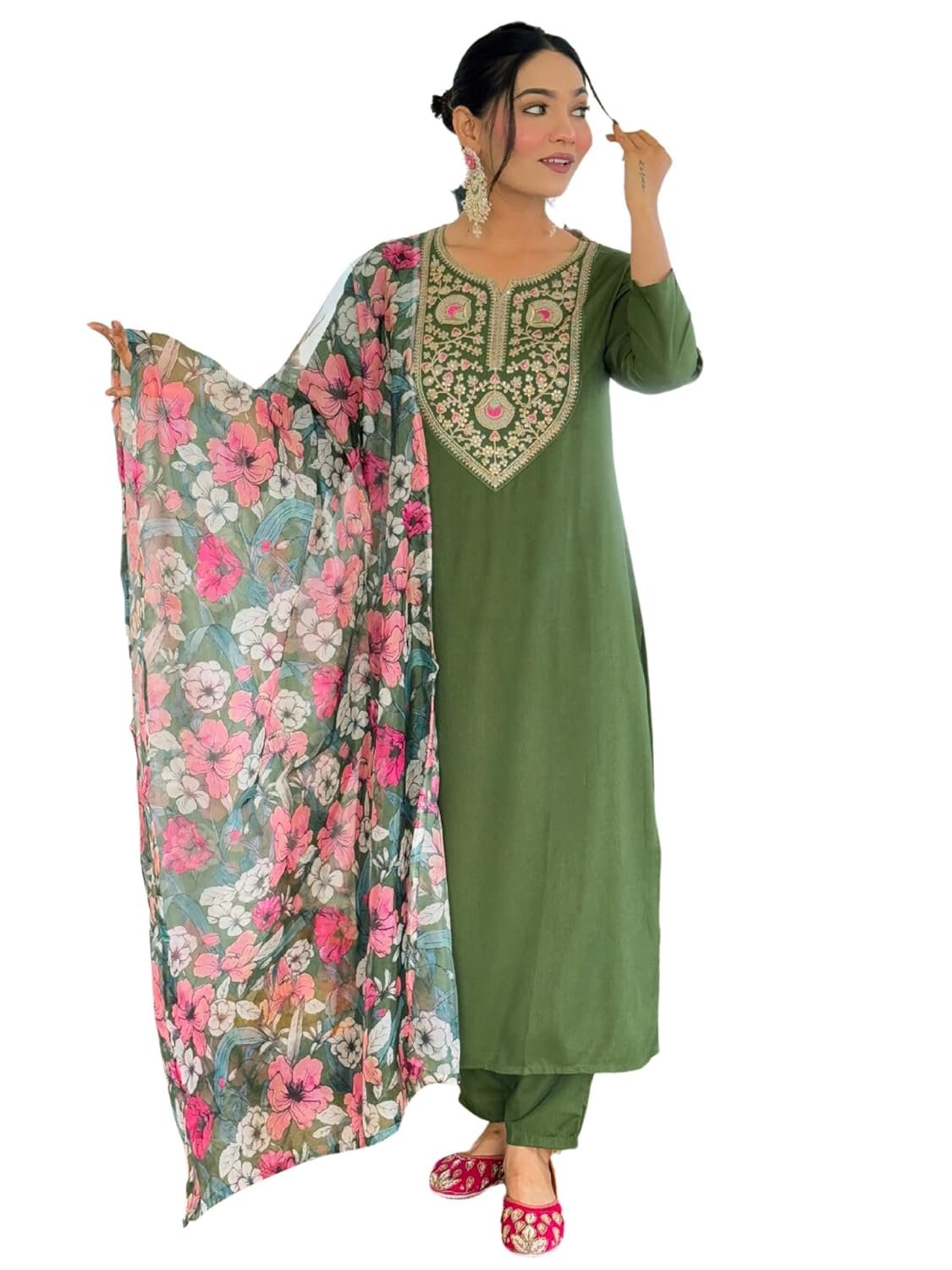 Naixa Women’s Rayon Embroidered Straight Kurta with Pant and Dupatta Sets (Available in Plus Size) (NX-696)