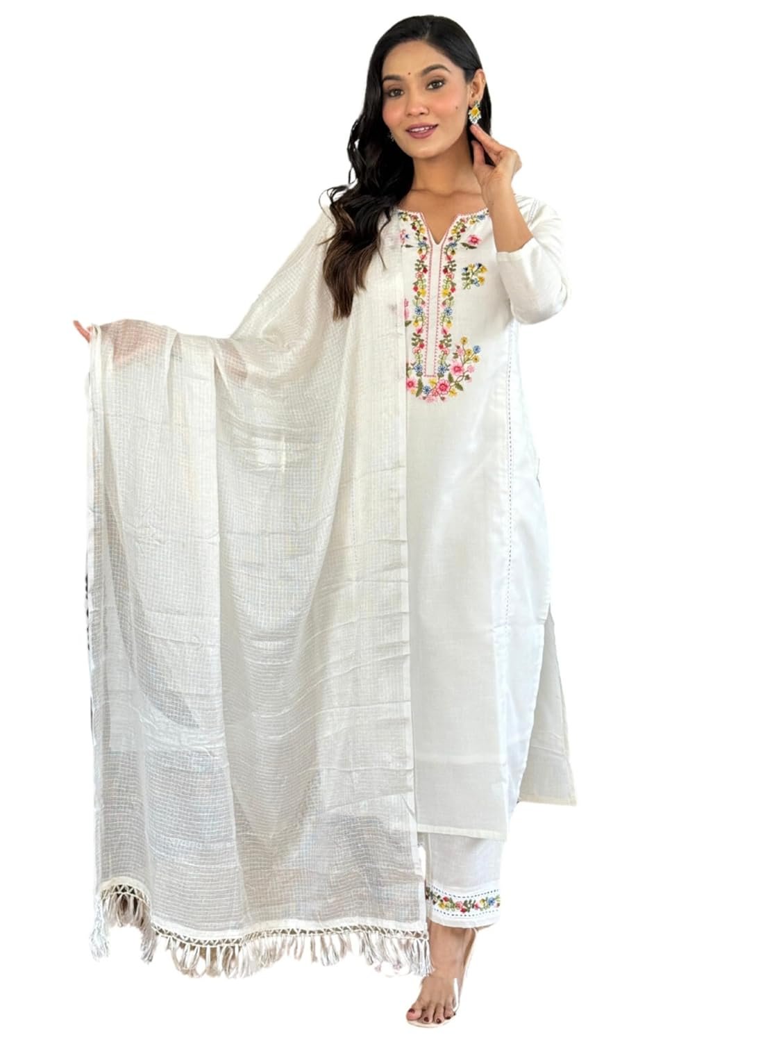 Naixa Women’s Viscose Cotton Embroidered Straight Kurta with Pant and Dupatta Sets (Available in Plus Size) (NX-592)