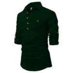 Men Cotton Collar Kurta with Pocket (Green) - L