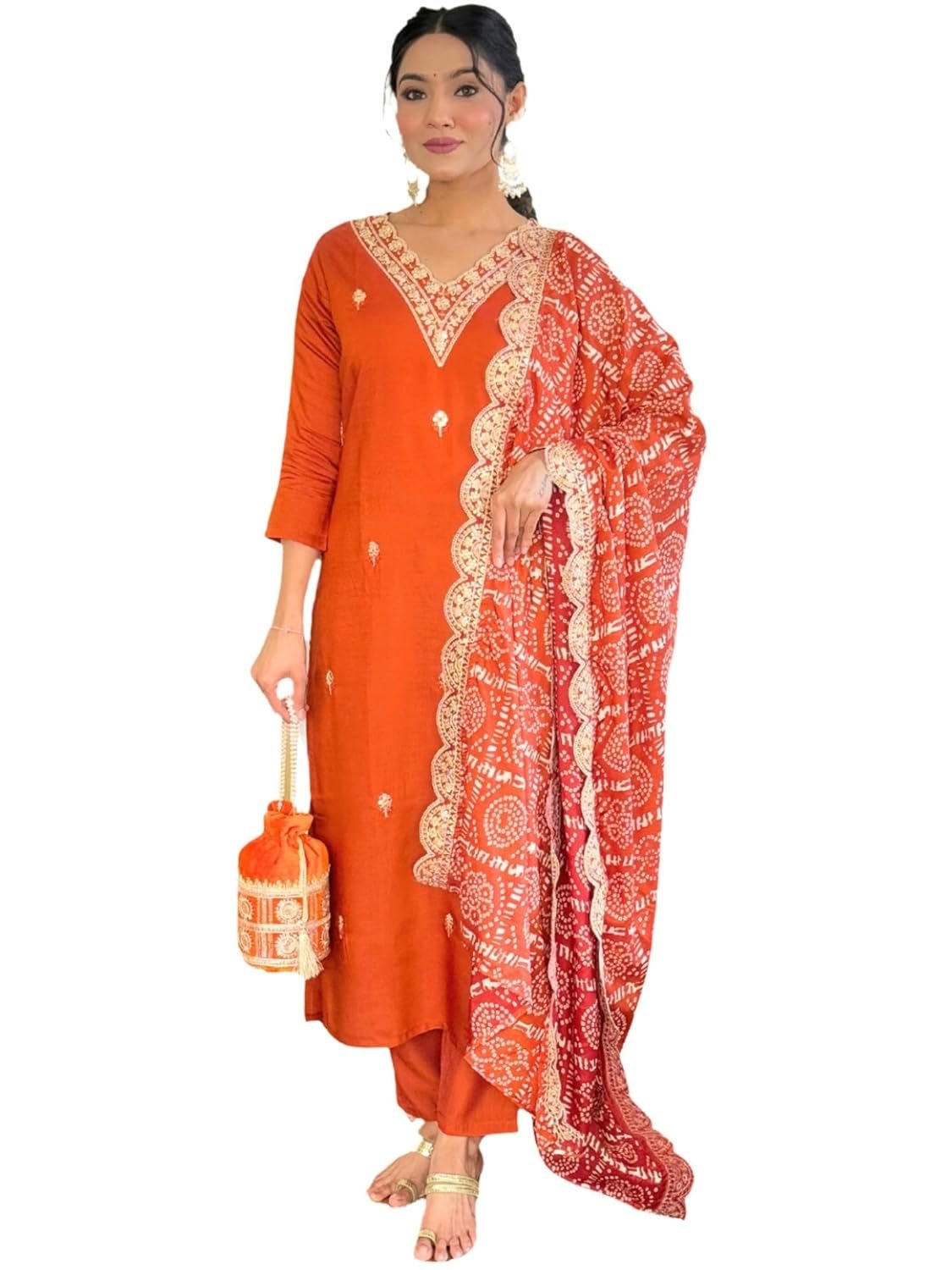 Naixa Women’s Orange BSY Viscose Embroidered Straight Kurta with BSY Viscose Pant and Silk Blend Embroidered Laced Dupatta Sets (Available in Plus Size) (NX-640)