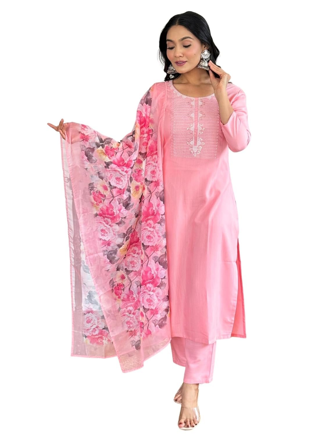 Naixa Women’s Rayon Slub Embroidered Straight Kurta with Pant and Dupatta Sets (Available in Plus Size) (NX-595)