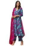 Tee Projekt Women's Cotton Blend V-Neck Anarkali Kurta Pant with Dupatta Set