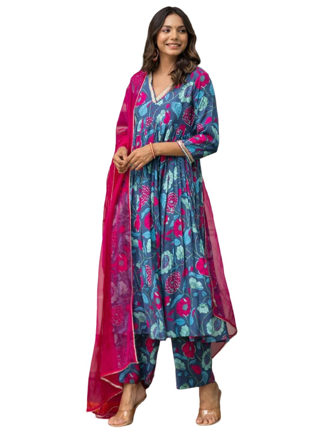 Tee Projekt Women’s Cotton Blend V-Neck Anarkali Kurta Pant with Dupatta Set