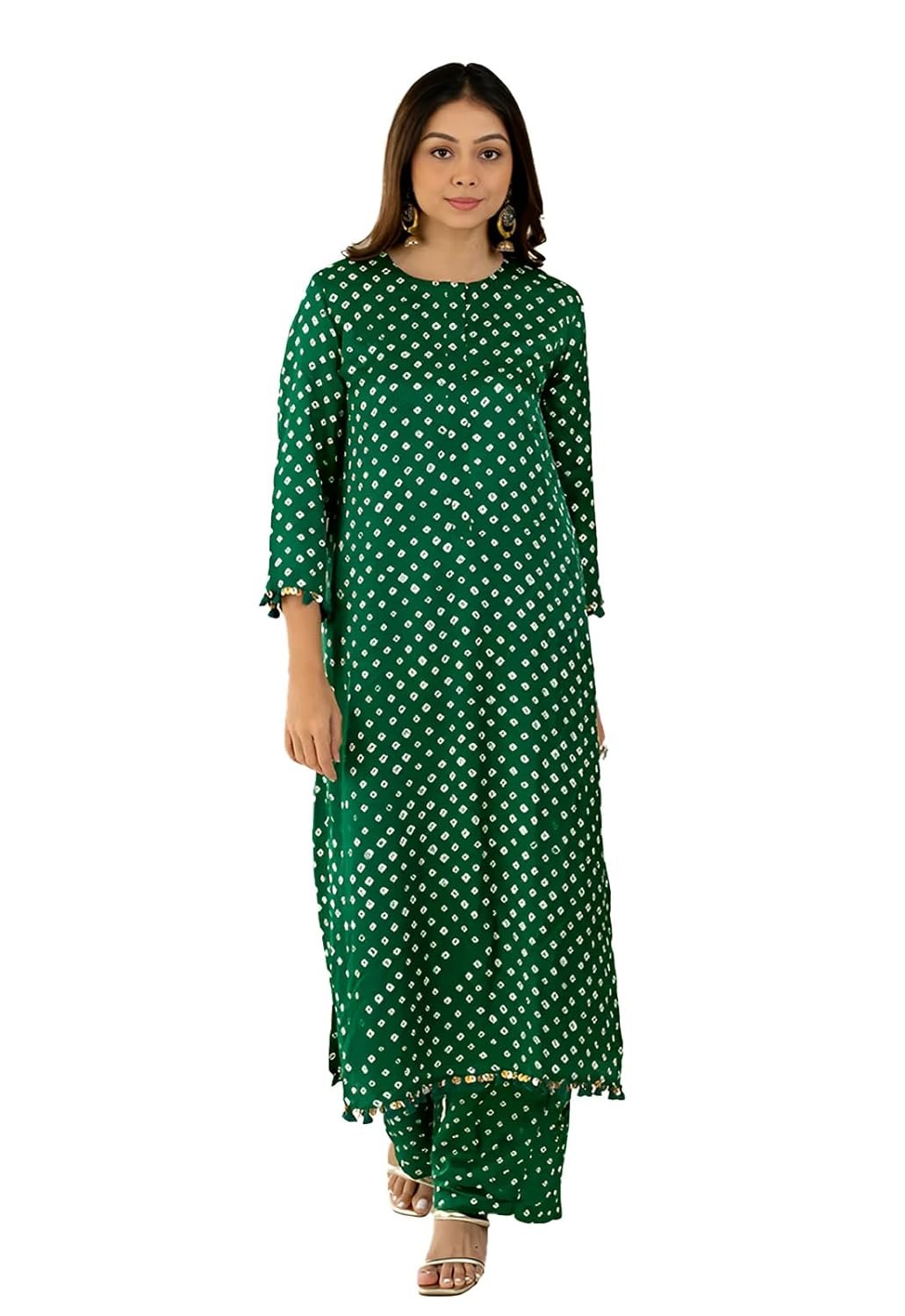 LookMark Women Cotton Blend Bandhej Printed Bandhani Kurta Palazzo Set With Sequence Lace