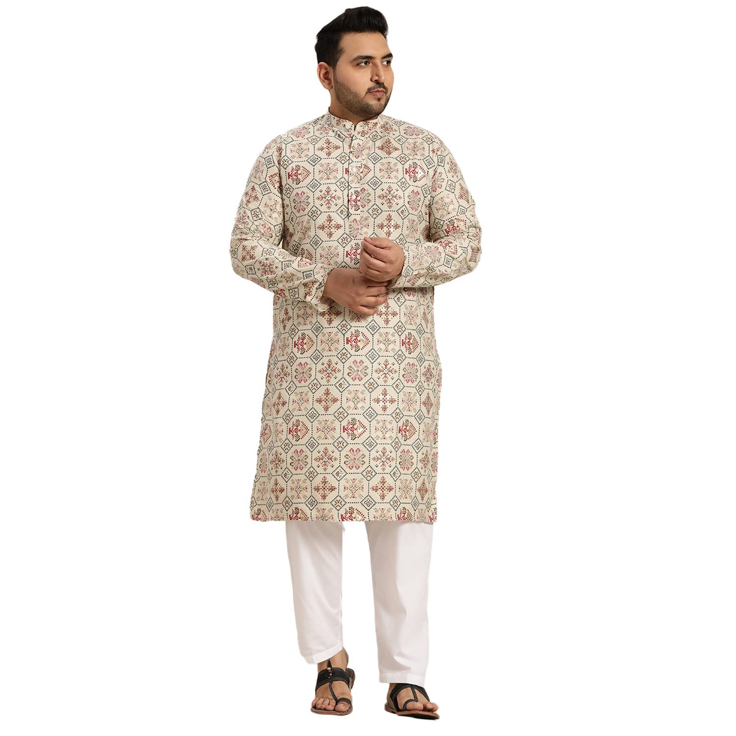 SOJANYA Plus (Since1958) Men’s Cotton Linen Multi Printed Kurta and White Pyjama Set