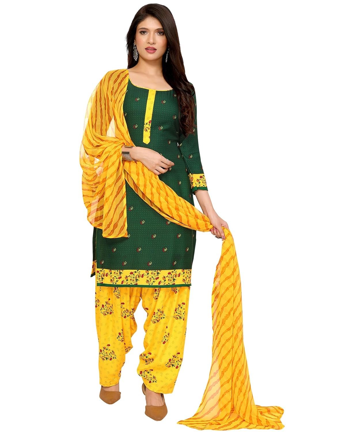 Yashika Women’s Printed Dress Material – Unstitched Crepe Fabric Kurti, Pants & Dupatta Set (AZ-YS-P1-PRAMILA GREEN)